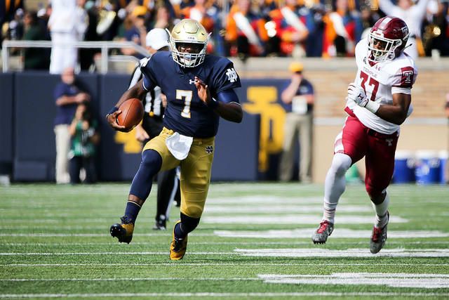 Wimbush rushed for 106 yards and passed for 184 against Temple in the 49-16 Irish win.