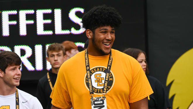 Five-star offensive lineman Kadyn Proctor at Kinnick Stadium on Saturday.