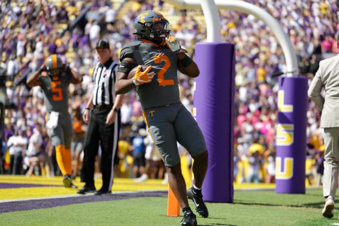 Tennessee running back Jabari Small celebrates after one of two touchdowns in the Vols' 40-13 win over LSU on Oct. 8, 2022 at Tiger Stadium. 