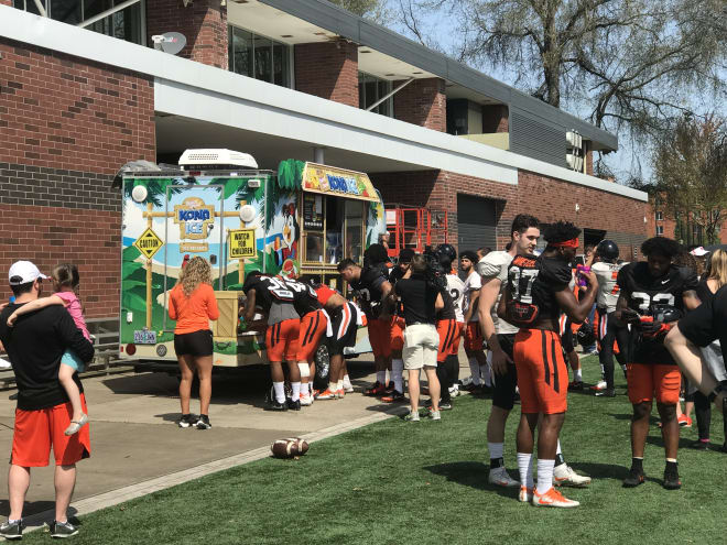 The hottest practice of the spring session enticed head coach Jonathan Smith to reward the winning team with a cool, frosty treat. 