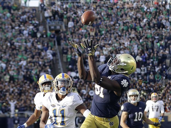 This Miles Boykin 35-yard touchdown catch provided the winning points against Pitt in the 19-14 Notre Dame win two years ago.