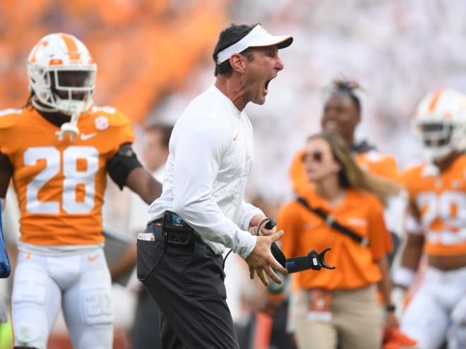 Tennessee Outside Linebackers/Special Teams Coordinator Mike Ekeler yells out in celebration after a play during an NCAA college football game against Florida on Saturday, September 24, 2022 in Knoxville, Tenn.