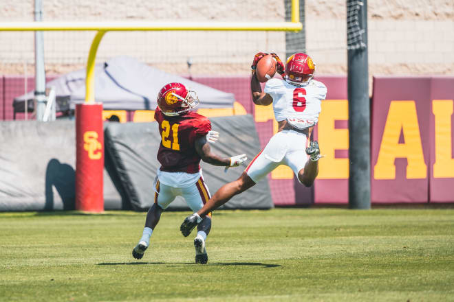 Redshirt freshman cornerback Joshua Jackson Jr. makes an acrobatic interception earlier this spring.