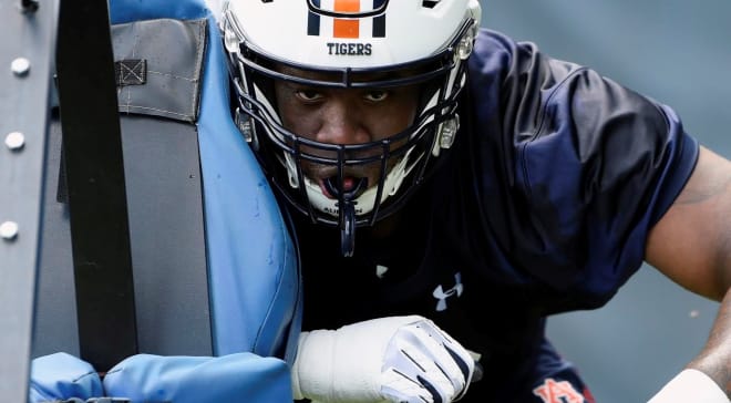 Brodarious Hamm completes an offensive line drill during Auburn football fall camp on Friday, Aug. 2, 2019, in Auburn.