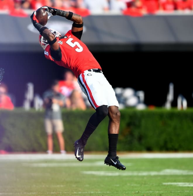 Kelee Ringo makes an interception against UAB at Sanford Stadium on Sept. 11, 2021. Photo by Radi Nabulsi