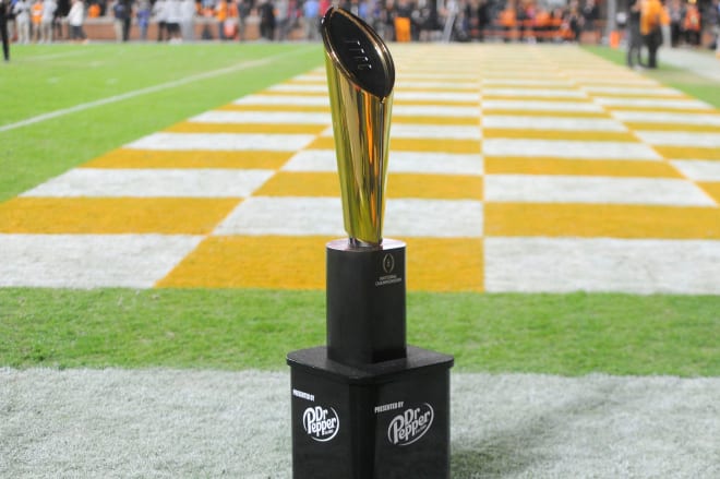 The College Football Playoff National Championship trophy on display at Neyland Stadium during the Tennessee-Kentucky game last Saturday. 