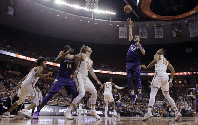 Kansas State forward Dean Wade goes with the jump hook Wednesday against Texas.