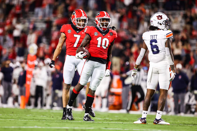 Georgia receiver Kearis Jackson (10) celebrates a catch during the Bulldogs' game against Auburn at Dooley Field at Sanford Stadium on Saturday, Oct. 3, 2020. (Photo by Tony Walsh/UGA Sports Communications).