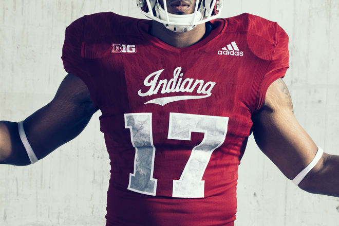 Creating a new signature look for the Hoosiers, the classic crimson jerseys are emblazoned with the Indiana script logo and player numbers that are highlighted with the custom-created limestone pattern to match the limestone pants.