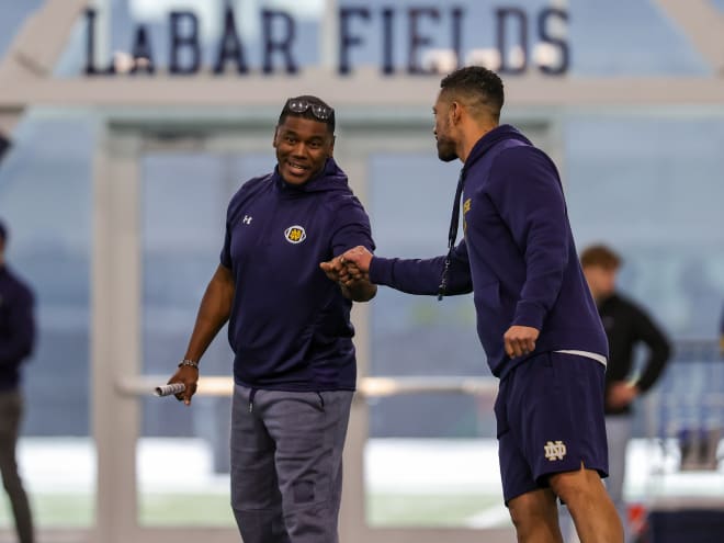 Notre Dame head coach Marcus Freeman, right, tabbed running backs coach Deland McCullough as the head coach for the Gold team in Saturday's Blue-Gold Game.