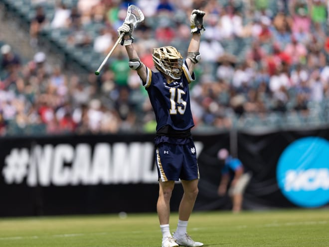 Quinn McCahon celebrates his long goal in the second quarter of a Notre Dame victory over Duke in the national championship game.