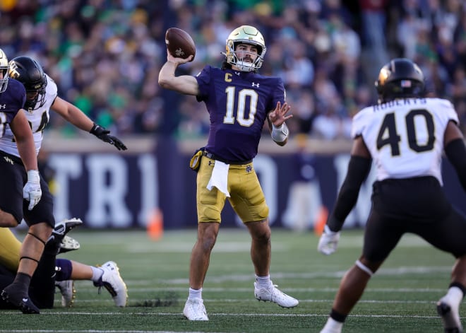 Notre Dame quarterback Sam Hartman tied his season-high of four passing touchdowns on Saturday against Wake Forest. Hartman was one of two seniors to receive game ball from Inside ND Sports for his performance.