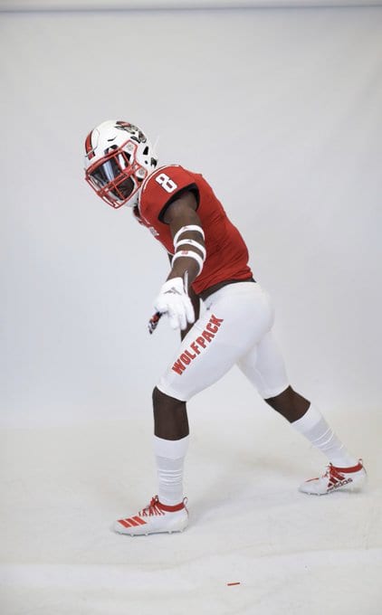 Three-star receiver Julian Gray poses in a NC State Wolfpack football uniform.
