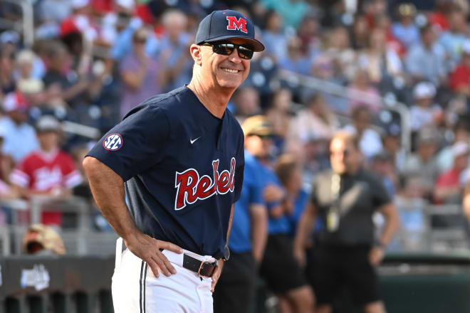 Ole Miss Rebels head coach Mike Bianco looks to the outfield before a game against the Oklahoma Sooners at Charles Schwab Field. Mandatory Credit: Steven Branscombe-USA TODAY Sports