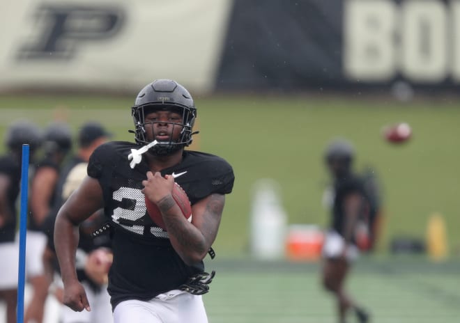 Purdue Boilermakers running back Mondrell Dean (23) runs a drill during football practice, Monday, Aug. 7, 2023, at Purdue University in West Lafayette, Ind.