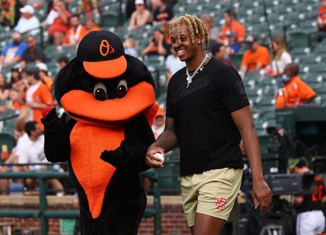 Armando Bacot threw out the first pitch before a Baltimore Orioles game on May 21.