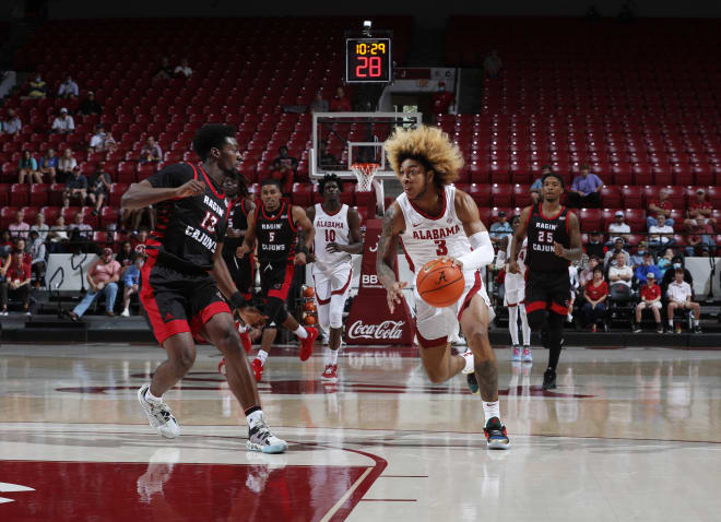 Alabama basketball guard JD Davison drives to the basket during the Crimson Tide's charity exhibition game against Louisiana-Lafayette. Photo | SEC