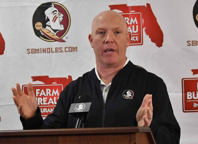 FSU defensive coordinator Adam Fuller speaks to the media earlier this year.