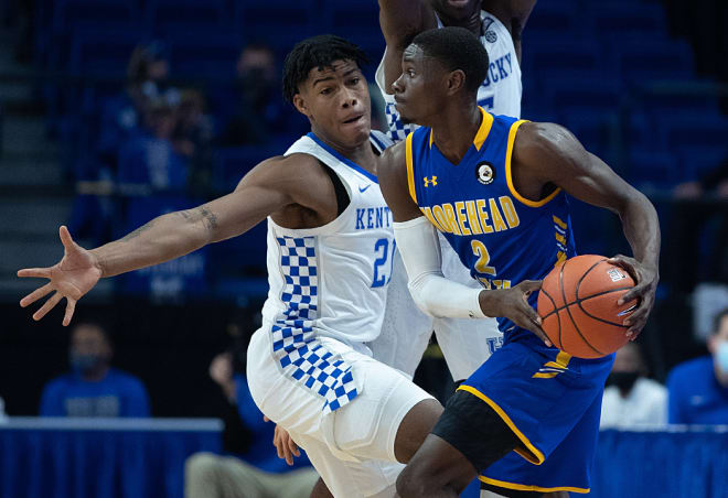 Freshman wing Cam'Ron Fletcher pressured Morehead State's KJ Hunt during Wednesday's season opener at Rupp Arena.