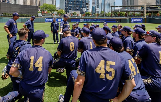 Notre Dame coach Link Jarrett talks to his team at last week's ACC Baseball Championship tourney in Charlotte, N.C,