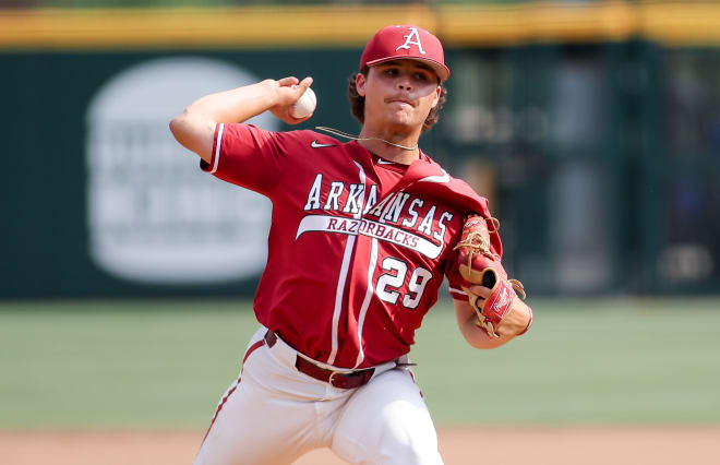 Arkansas pitcher Austin Ledbetter throws during the 17-5 loss to TCU on Sunday.