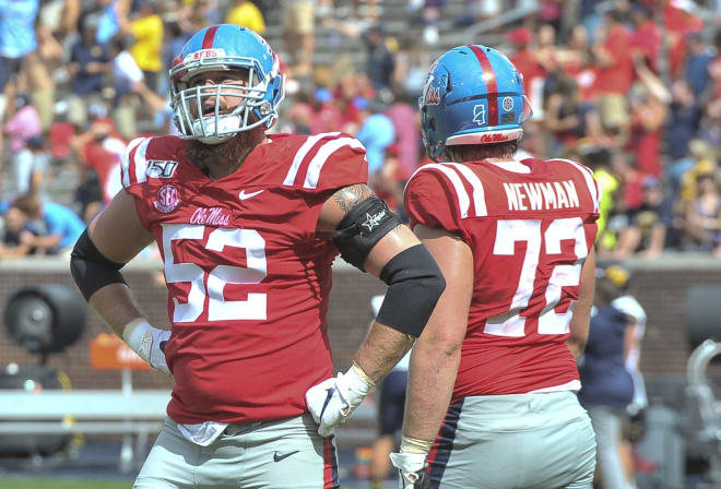 Ole Miss offensive linemen Michael Howard (52) and Royce Newman (72) have been two of the Rebels' stalwarts up front so far this season. 