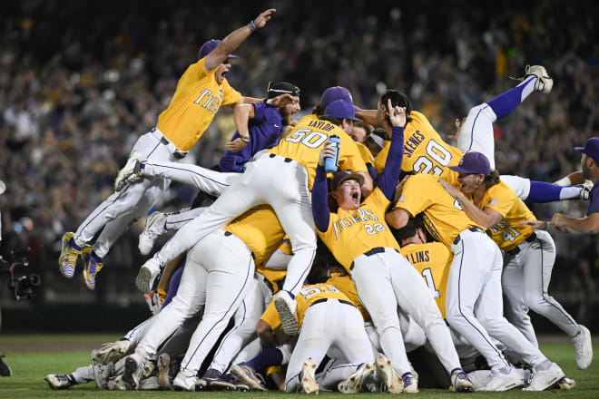 LSU celebrates winning its 7th national baseball championship after beating Florida 18-4 Monday night in Omaha in the College World series championship game.