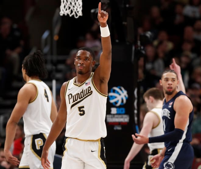 Purdue Boilermakers guard Brandon Newman (5) reacts after a Penn State Nittany Lions turnover during the Big Ten Men s Basketball Tournament Championship game, Sunday, March 12, 2023, at United Center in Chicago. Purdue won 67-65.