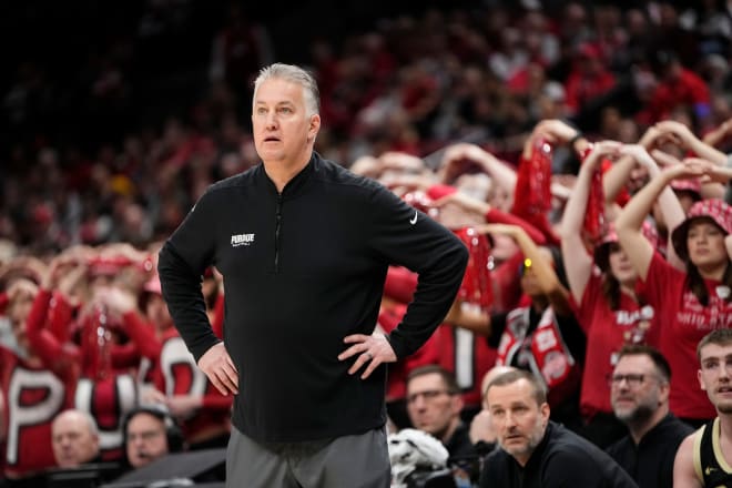 Feb 18, 2024; Columbus, Ohio, USA; Purdue Boilermakers head coach Matt Painter watches from the bench during the first half of the NCAA men s basketball game against the Ohio State Buckeyes at Value City Arena. © Adam Cairns/Columbus Dispatch / USA TODAY NETWORK