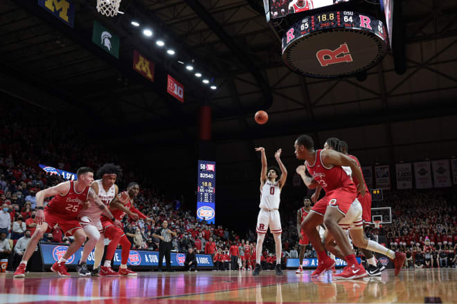 Feb 9, 2022; Piscataway, New Jersey, USA; Rutgers Scarlet Knights guard Geo Baker (0) makes the second of two free throws during the second half against the Ohio State Buckeyes at Jersey Mike's Arena.