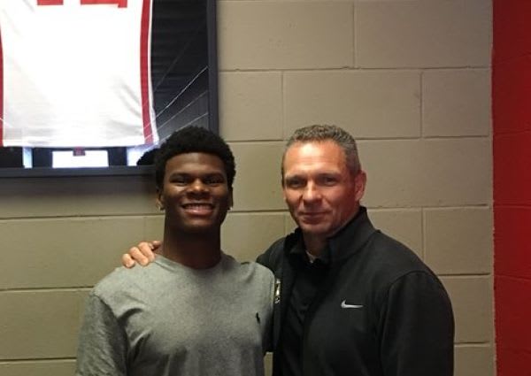 Tim McClendon with Army head coach Jeff Monken during in-school visit yesterday