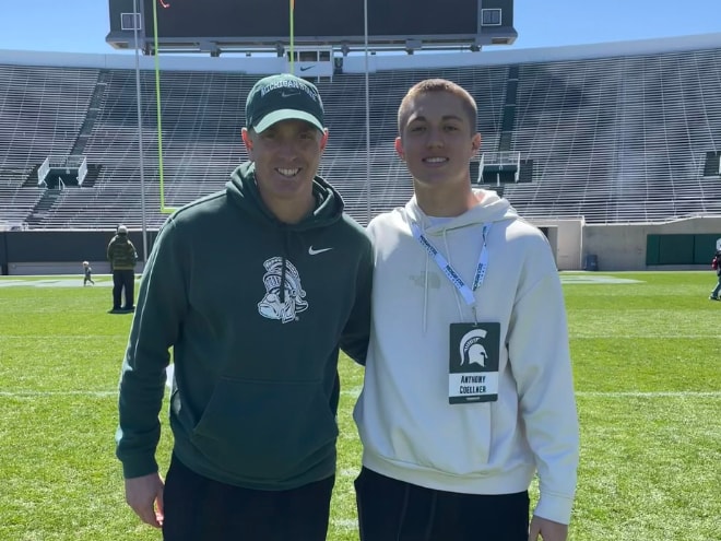 Class of 2026 three-star quarterback Anthony Coellner with Michigan State offensive coordinator/quarterbacks coach Brian Lindgren on April 13, 2024. (Photo courtesy of Anthony Coellner)