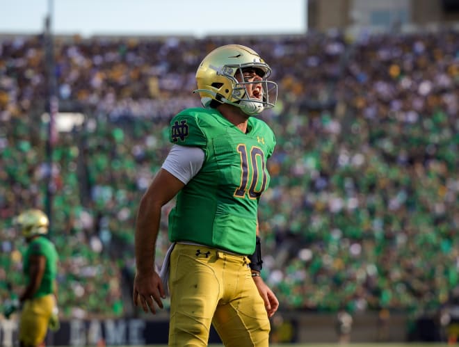 Notre Dame QB Drew Pyne is fired up after overcoming a shaky first quarter Saturday against Cal in his first collegiate start.