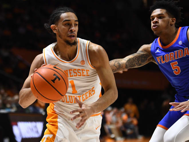 Tennessee's Freddie Dilione V (1) moves to the basket while guarded by Florida's Will Richard (5) during an NCAA basketball game on Tuesday, January 16, 2024 in Knoxville, Tenn.