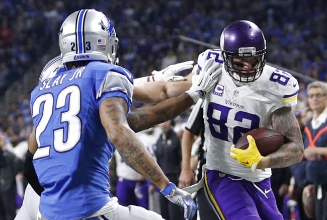 Tight end Kyle Rudolph had two touchdown receptions on Thanksgiving Day to help the Minnesota Vikings take down the Detroit Lions 30-23.