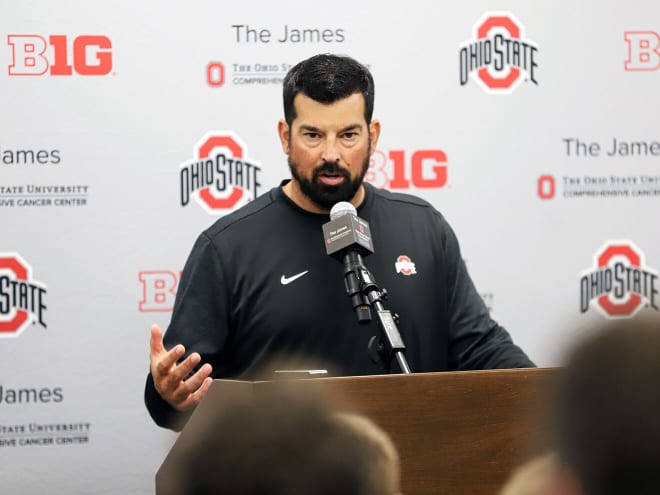 Ohio State coach Ryan Day had his final media availability before the opener. (Birm/DTE)