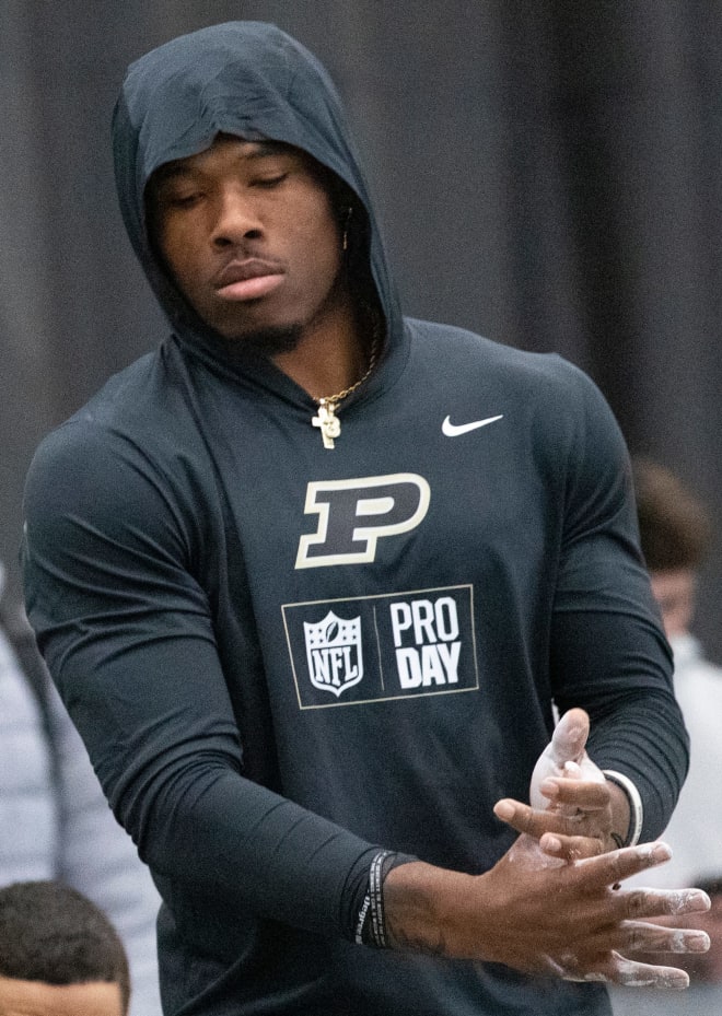 Purdue Boilermakers wide receiver Tyrone Tracy (3) prepares for the bench press during the Purdue football pro day, Thursday, March 7, 2024, at Mollenkopf Athletic Center in West Lafayette, Ind.