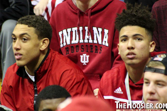 Tyrese Fryfogle (right) takes in an Indiana basketball game alongside IU rising junior receiver Nick Westbrook last weekend. Fryfogle committed to the Hoosiers on Tuesday.