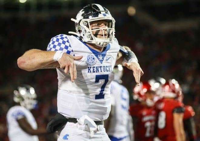 Kentucky's Will Levis threw down Ls towards the Cardinal fans after his fourth touchdown of the game as the Wildcats rolled past Louisville 52-21 Saturday night. Nov. 27, 2021 Louisville Vs Kentucky 2021 Governors Cup