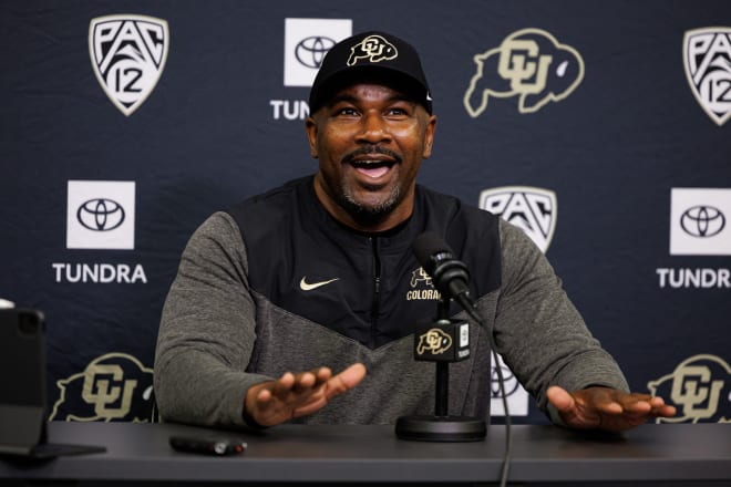 Linebackers coach Andre' Hart speaks at a press conference on March 2.