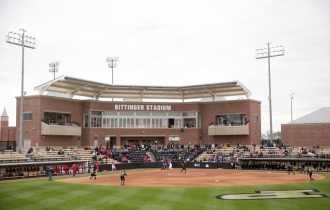 FILE: Purdue softball during a NCAA softball game, Saturday, April 27, 2019 Bittinger Stadium in West Lafayette. File Purdue Softball Bittinger Stadium