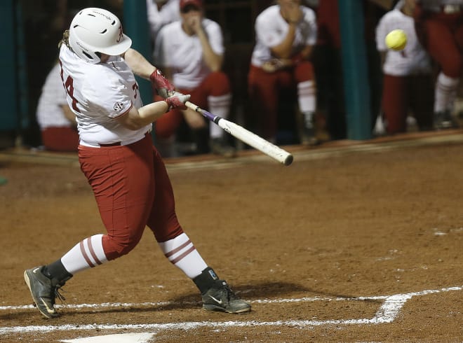 Alabama's Caroline Hardy (34) makes contact and hits a home run during a game against North Florida at Rhoads Stadium in Tuscaloosa on Wednesday, Feb. 22, 2017. [Staff Photo/Erin Nelson]