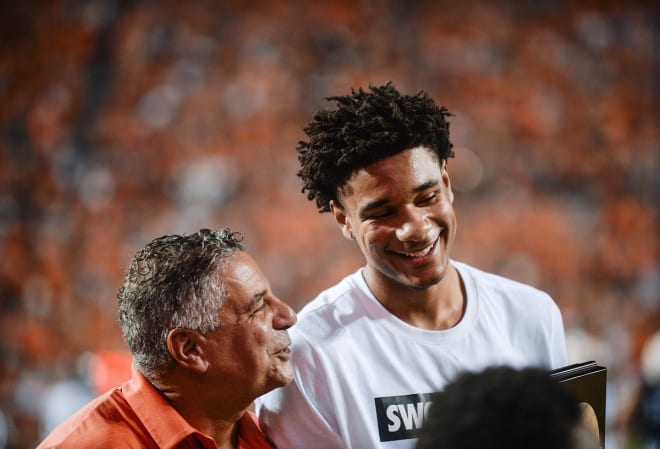 Okeke and Bruce Pearl are recognized at an Auburn football home game, along with the rest of Auburn's 2019 Final Four team.