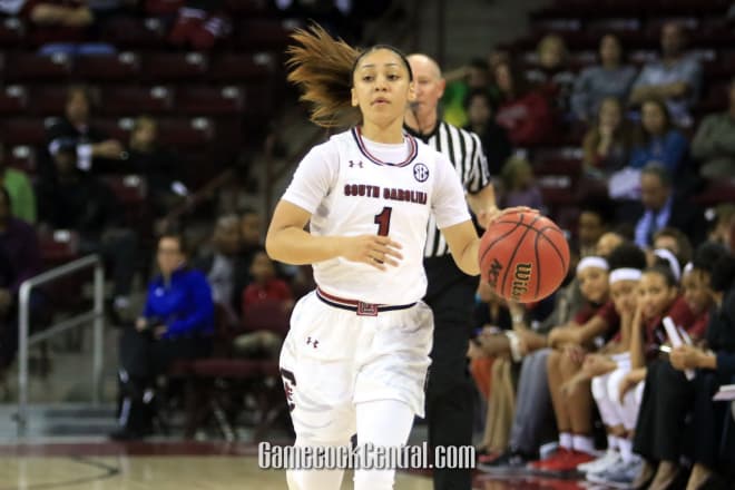 Bianca Cuevas-Moore brings the ball upcourt during South Carolina's 93-38 win over Saint Peter's Tuesday night at Colonial Life Arena. The third-ranked Gamecocks' next outing is Nov. 27 against No. 4 Louisville in the final game of the Basketball Hall of Fame Women's Challenge.