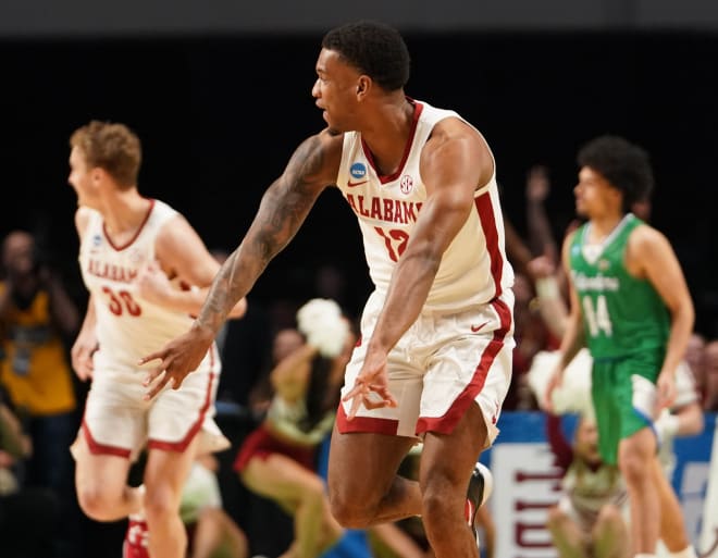 Alabama Crimson Tide guard Delaney Heard (12) reacts after a basket against the Texas A&M-CC Islanders during the second half in the first round of the 2023 NCAA Tournament at Legacy Arena. Photo | Marvin Gentry-USA TODAY Sports