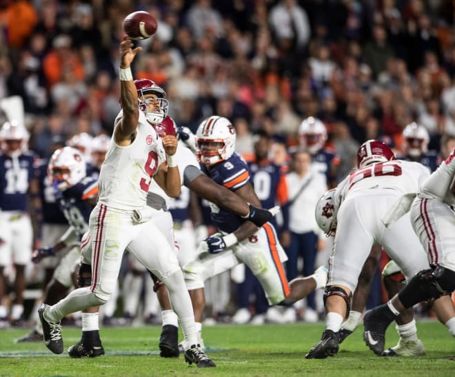 Alabama Crimson Tide quarterback Bryce Young (9) throws the ball during the Iron Bowl at Jordan-Hare Stadium in Auburn, Ala., on Saturday. Photo | USA TODAY