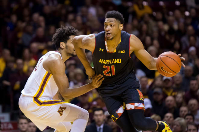 Justin Jackson (No. 21) has recorded double-doubles in each of Maryland's past two road games.