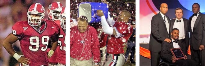 DAVID JACOBS (L to R) during a standout 2001 season, dumping water on Mark Richt following the victory over Georgia Tech in 2002, and presenting Southern's Devon Gales with the David Jacobs Award in 2016.