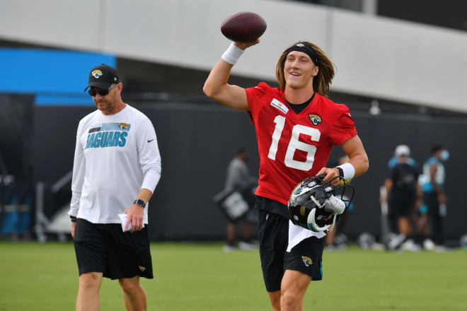Jaguars quarterback (16) Trevor Lawrence on the field at the start of the Jacksonville Jaguars training camp session at the practice fields outside TIAA Bank Field in Jacksonville, FL Friday, July 30, 2021.