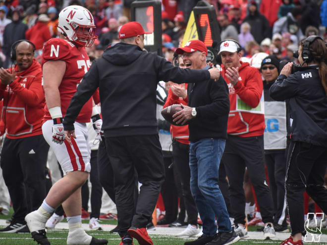 Former Nebraska football coach Frank Solich, shown here with Matt Rhule at the Huskers' 2023 spring game, was named to the College Football Hall of Fame